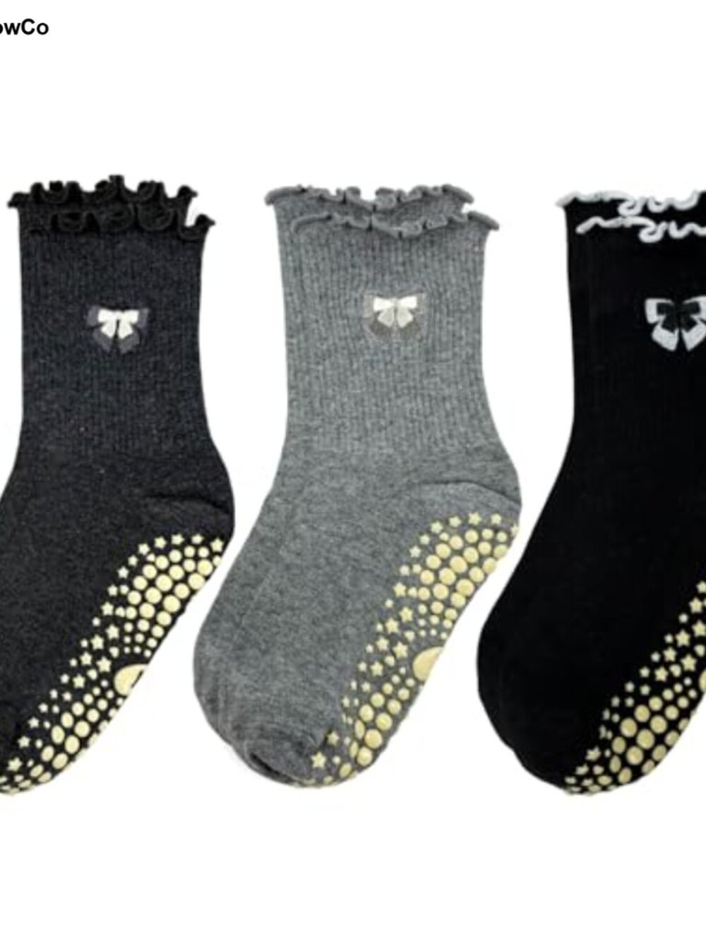 Non Slip Pilates Grip Ankle Socks for Women, 3 Pairs Cute Bow Ruffle Yoga Socks